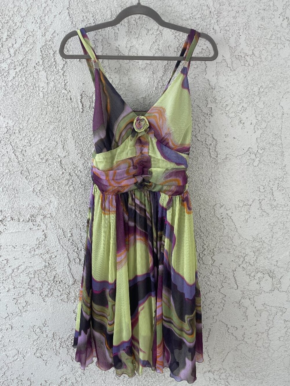 Vintage Y2K Watercolor Silk Blend Mini Dress Pleated Rosette Cocktail V-Neck XS